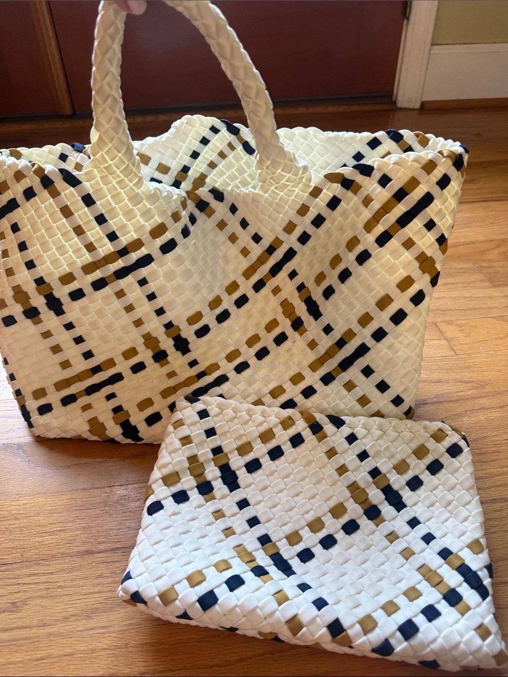 NAGHEDI Woven Plaid Tote Bag with Matching Pouch - Cream, Navy & Mustard
